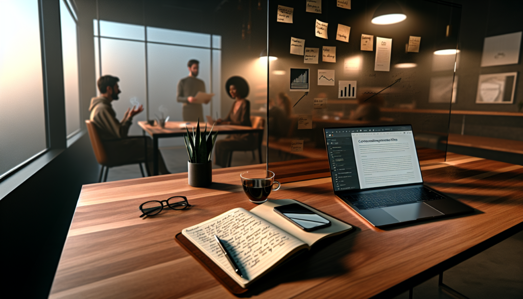 Espace de coworking moderne avec bureau de copywriter en action illustrant comment trouver des clients en copywriting