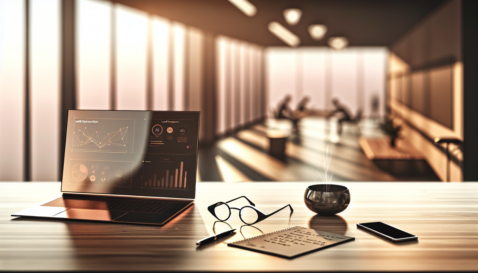 Bureau professionnel moderne avec ordinateur affichant des graphes liés à l’aide à la prospection en lumière naturelle chaleureuse