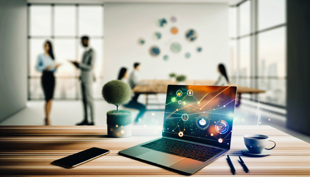 Stratégie de prospection digitale moderne avec laptop, graphiques analytiques, smartphone connectivité, et travail d'équipe