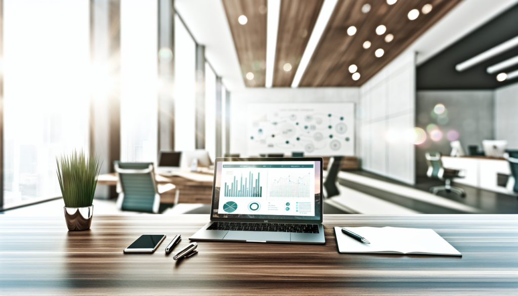 Dossier de communication digitale sur un bureau moderne avec un laptop affichant des graphiques des outils de travail élégants