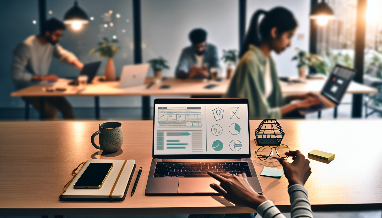 Solopreneur concentré dans un espace de coworking moderne cherchant à trouver ses clients avec des outils digitaux