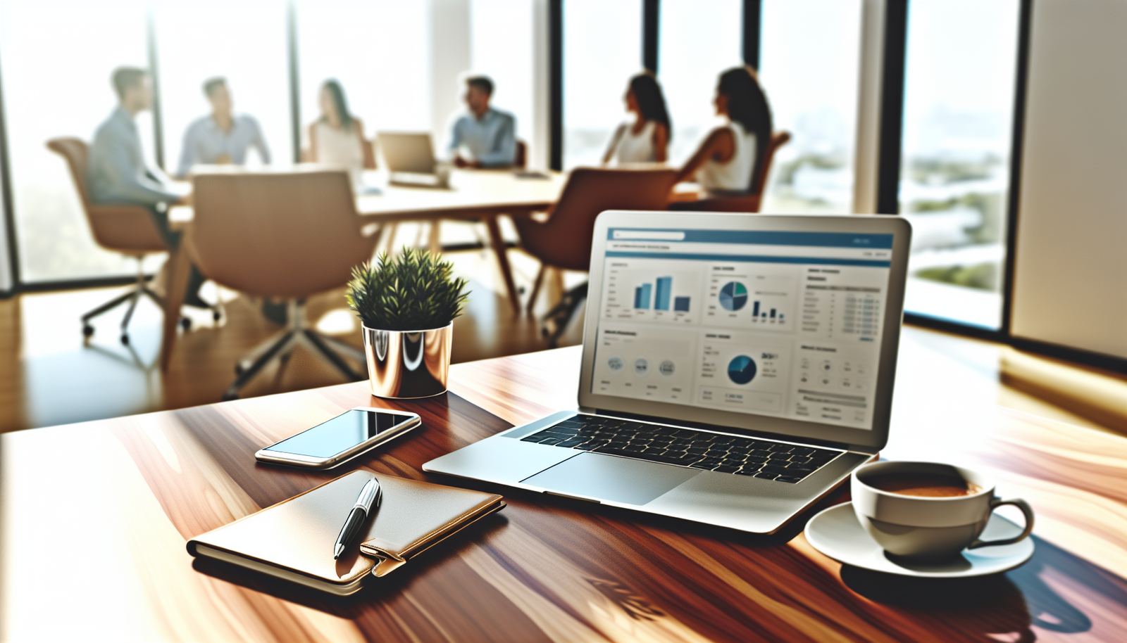 Professional office with laptop showing email analytics for list email entreprise gratuit, desk with notepad and coffee cup