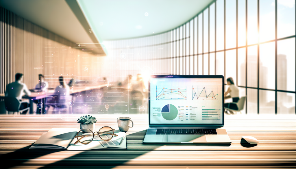 Bureau d'avocat moderne avec laptop affichant des analyses marketing pour développer clientèle avocat atmosphère innovante