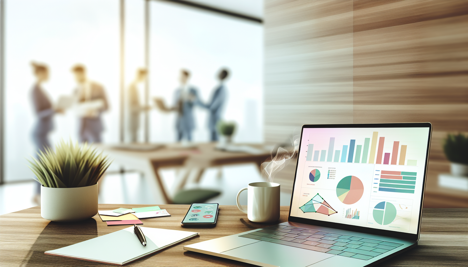 Business developer outils bureau moderne avec laptop affichant analytics smartphone notepad plante et lumière naturelle