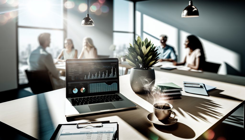 Développer clientèle expert-comptable bureau pro lumineux avec ordinateur tableur plantes café collègues en discussion