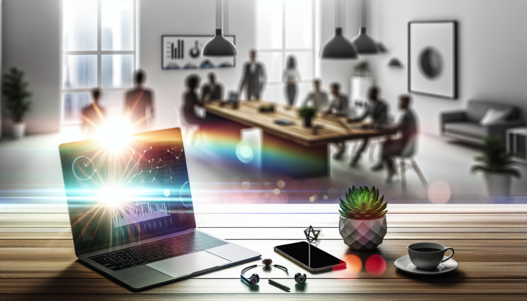 Audit stratégie digitale bureau moderne avec ordinateur portable affichant graphiques complexes téléphone earbuds café plante