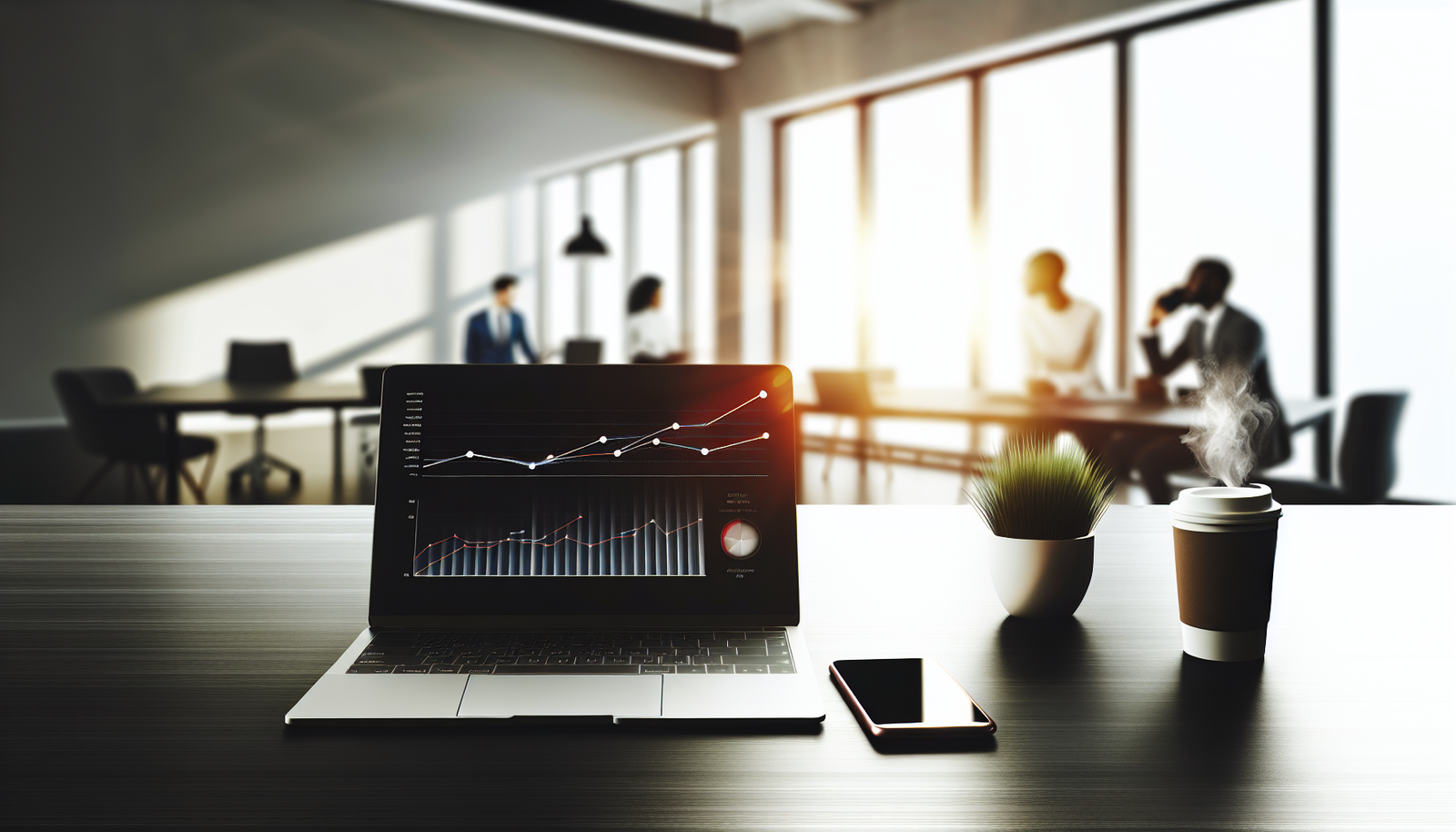 Leads b2b moderne bureau avec ordinateur portable affichant graphiques smartphone café plantes espace de travail collaboratif