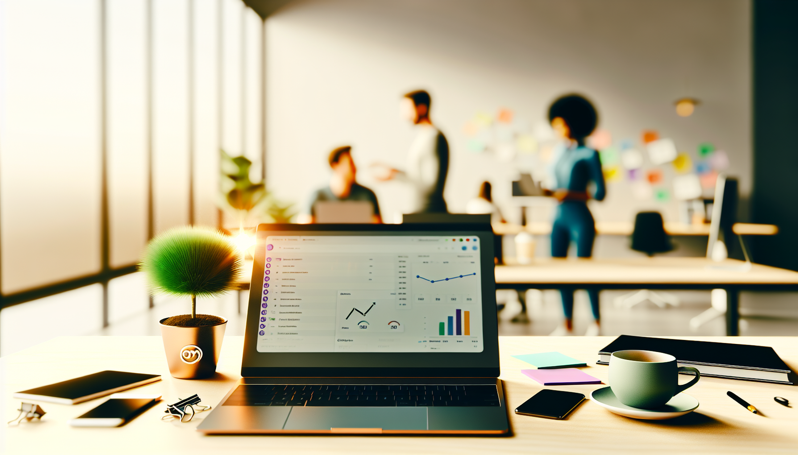 Environnement de bureau moderne avec ordinateur montrant notifications de relance mail prospection et graphiques analytiques