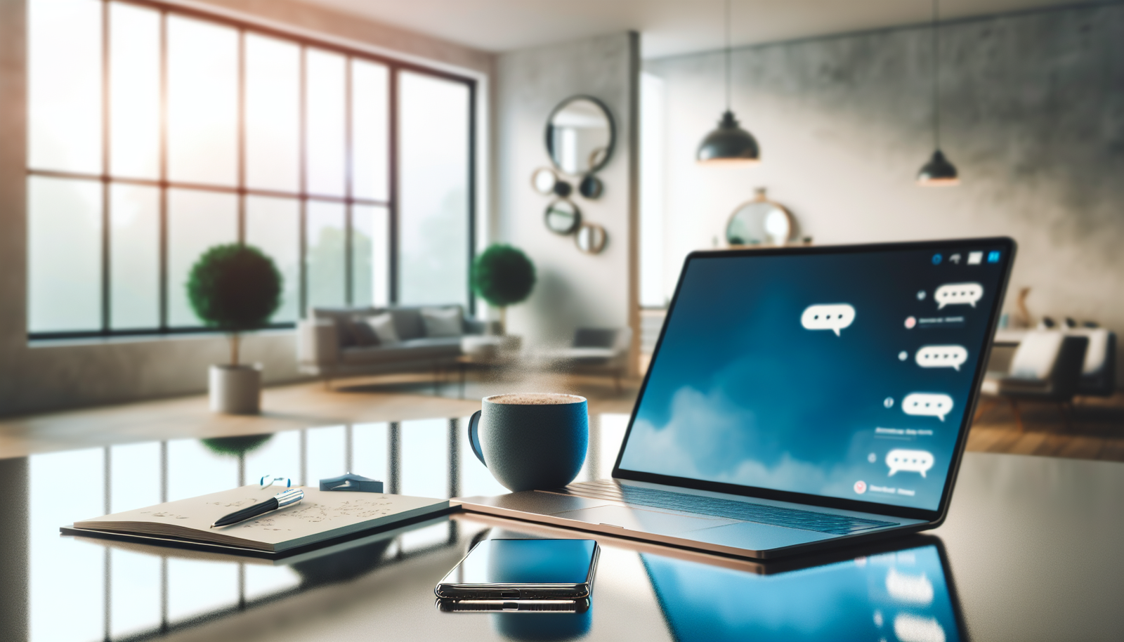 Automatiser envoi message LinkedIn gratuit sur laptop moderne dans bureau lumineux avec café téléphone et décor minimaliste