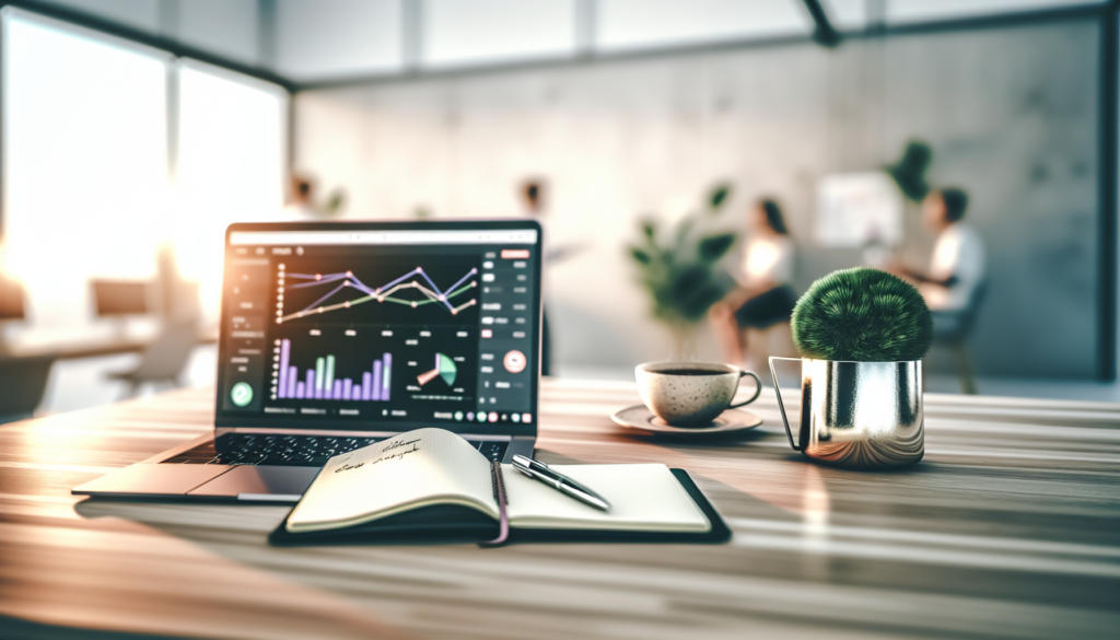 Prospection automatisée avec un ordinateur portable affichant des graphiques analytiques sur un bureau moderne avec des accessoires